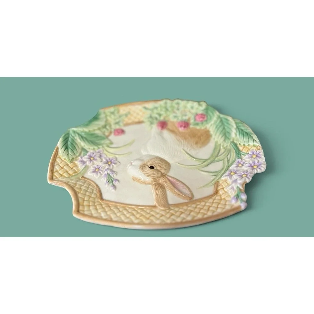 Fitz‎ & Floyd Essentials Botanical Bunny Rabbit Canape Plate Dish Bowl Embossed